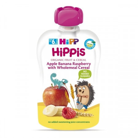 HiPP ekologiška obuolių, bananų ir aviečių tyrelė su grūdais 6m+ 100g 8534 8534
