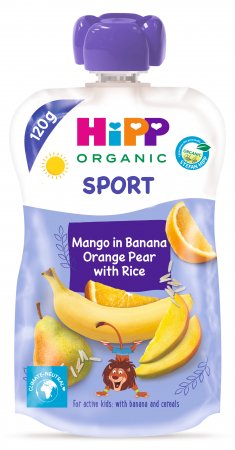 HiPP ekologiška bananų, apelsinų, kriaušių ir mango tyrelė su ryžiais SPORT, 1Y+, 120g, 84501 84501