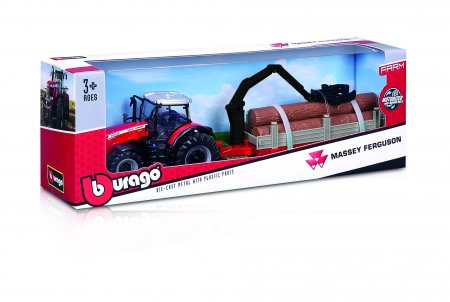 BBURAGO 10cm ūkio traktorius Massey Ferguson su priekaba, asort., 18-31850 18-31850