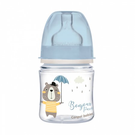 CANPOL BABIES plataus kaklelio buteliukas EASYSTART BONJOUR PARIS, 120 ml, 35/231_blu 35/231_blu