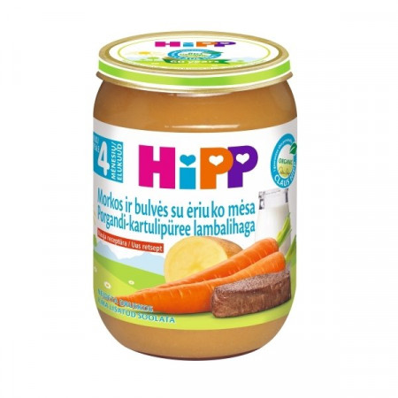 HiPP ekologiška morkų ir bulvių tyrelė su ėriuko mėsa 4m+ 190g 6123 6123