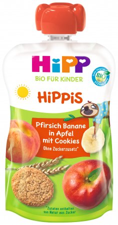 HiPP ekologiška obuolių, persikų ir bananų tyrelė su sausainiais, 1Y+, 100g, 847000 847000