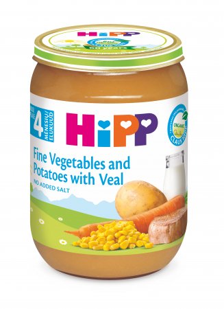 HiPP Ekologiška tyrelė švelnios daržovės, bulvės su veršiena, 4M+, 190g, 6153 6153